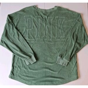 Victorias Secret PINK Shirt Large Terry Long Sleeve Green Loose Varsity Beach